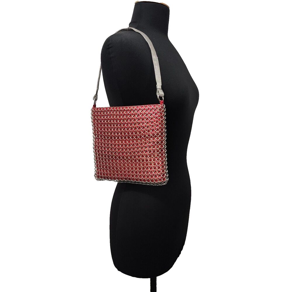 Vintage Whiting & Davis Red Satin Chainmail Metal Mesh Shoulder Bag Purse 1990s